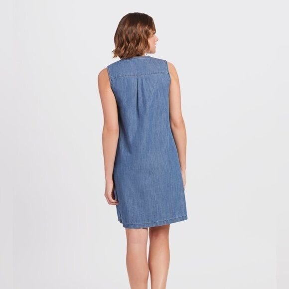 Draper James Sleeveless Dark Denim Chambray Ruffle Shift Dress Large Reese - Picture 4 of 12